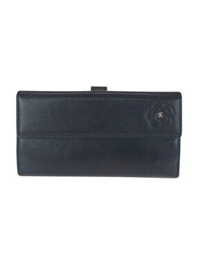 Chanel Camellia CC Logo Black Silver Leather Wallet